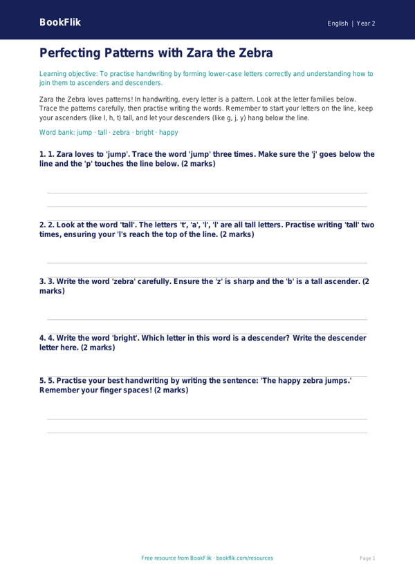 Free Handwriting Activity Sheet | Year 2 Core | BookFlik worksheet preview — English Handwriting