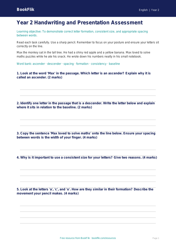 Free Handwriting Assessment | Year 2 Core | BookFlik worksheet preview — English Handwriting
