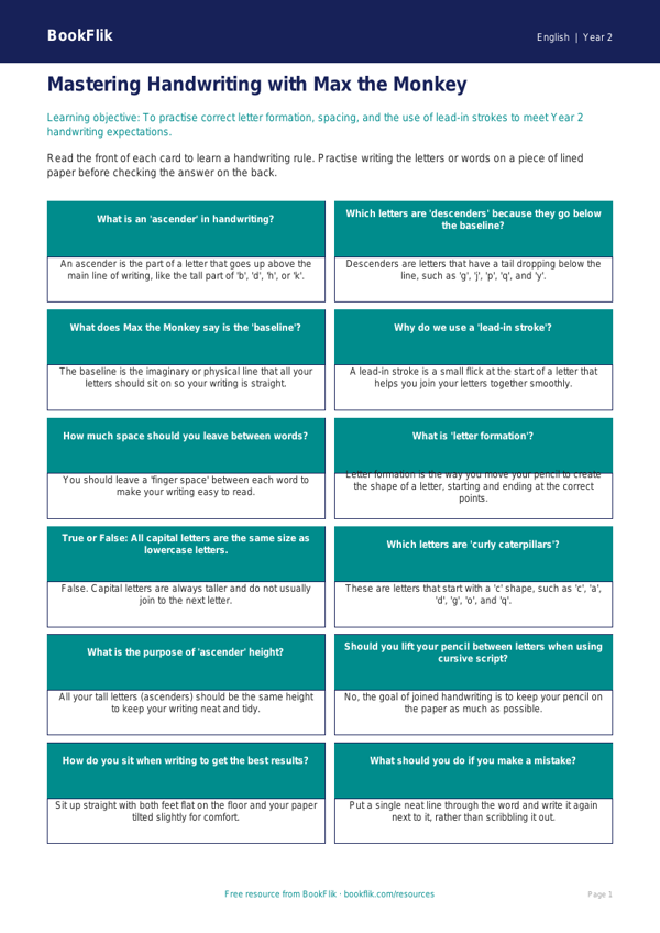 Free Handwriting Flashcards | Year 2 Core | BookFlik worksheet preview — English Handwriting