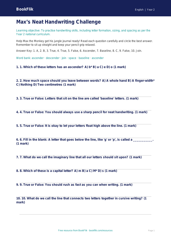 Free Handwriting Quiz | Year 2 Core | BookFlik worksheet preview — English Handwriting