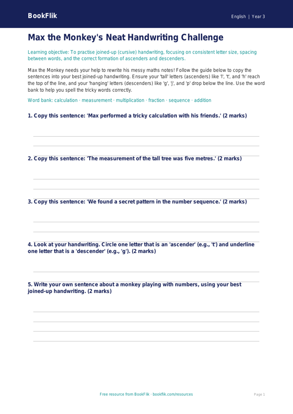 Free Handwriting Activity Sheet | Year 3 Core | BookFlik worksheet preview — English Handwriting