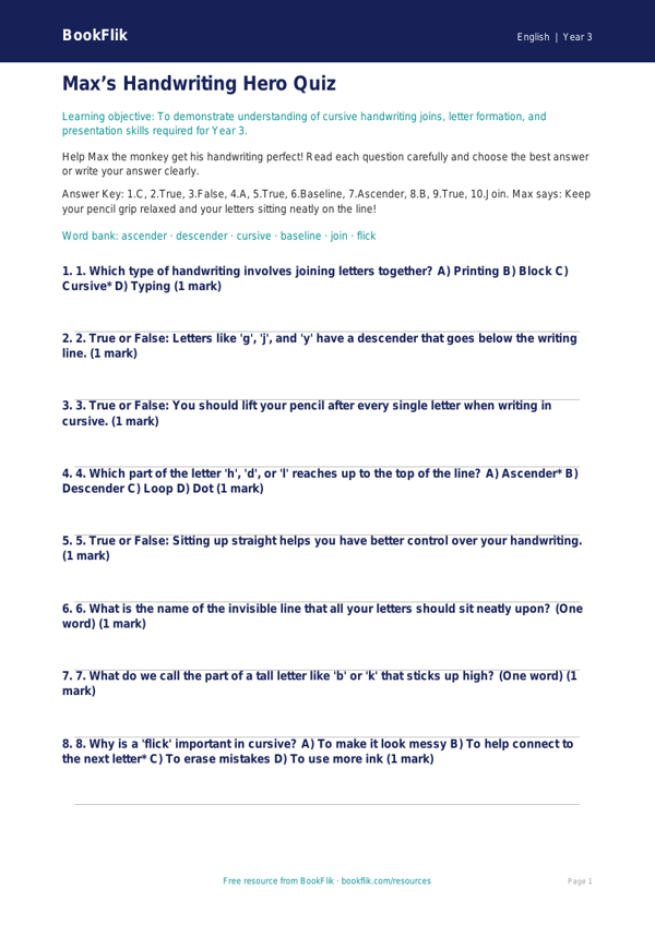 Free Handwriting Quiz | Year 3 Core | BookFlik worksheet preview — English Handwriting