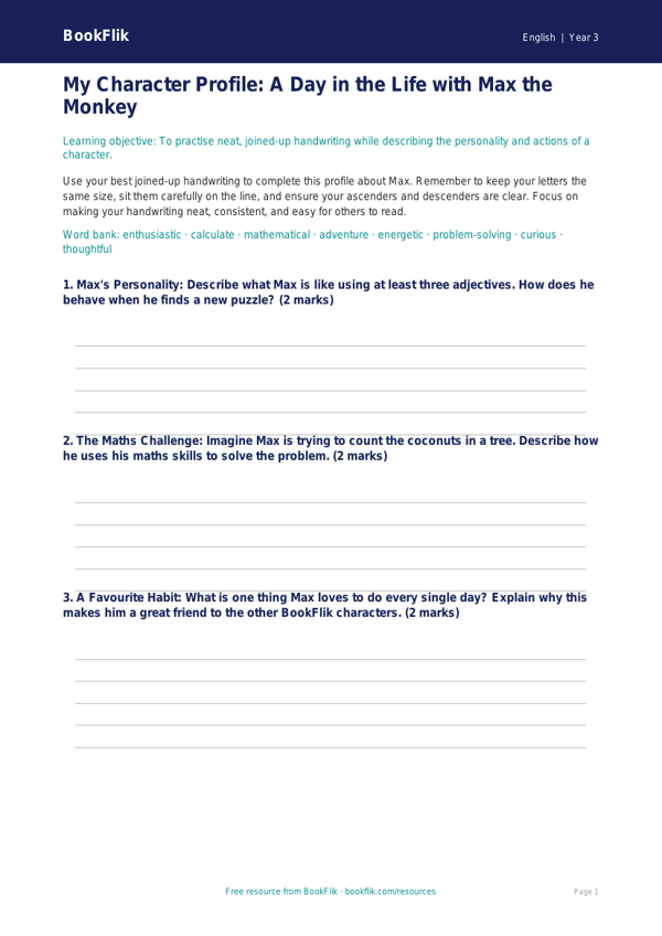 Free Handwriting Template | Year 3 Core | BookFlik worksheet preview — English Handwriting