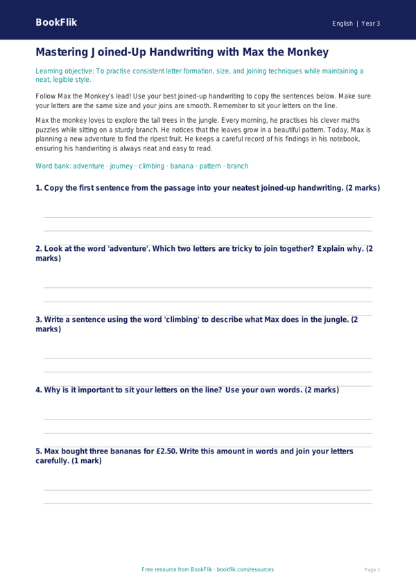 Free Handwriting Practice Worksheet | Year 3 Core | BookFlik worksheet preview — English Handwriting