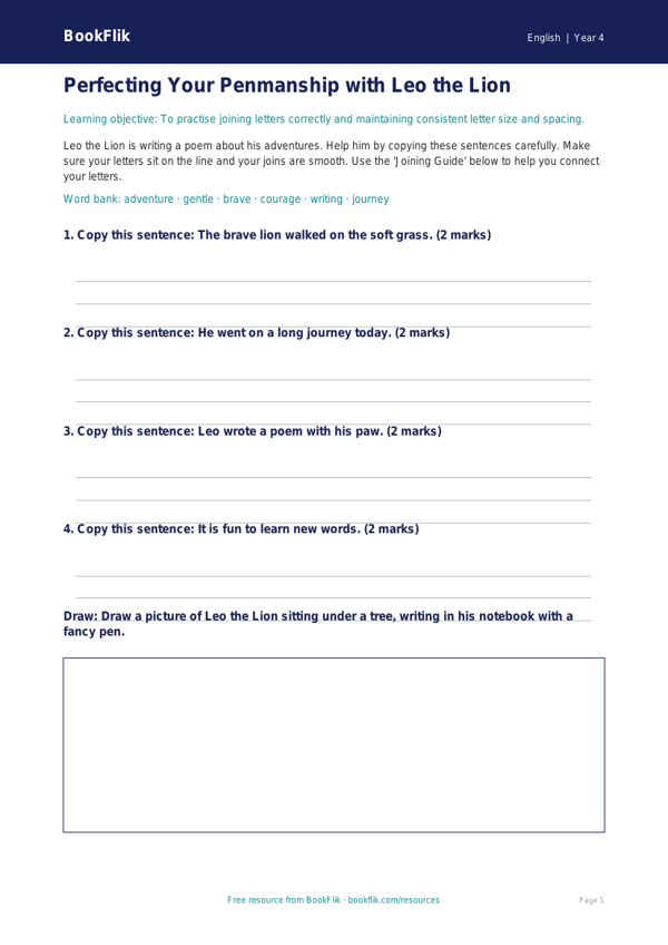 Free Handwriting Activity Sheet | Year 4 Supported | BookFlik worksheet preview — English Handwriting