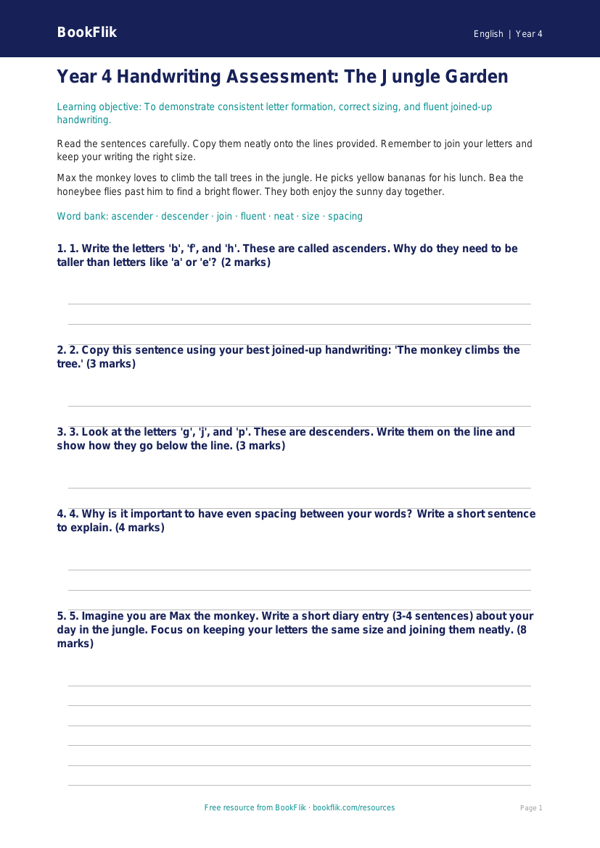 Free Handwriting Assessment | Year 4 Supported | BookFlik worksheet preview — English Handwriting
