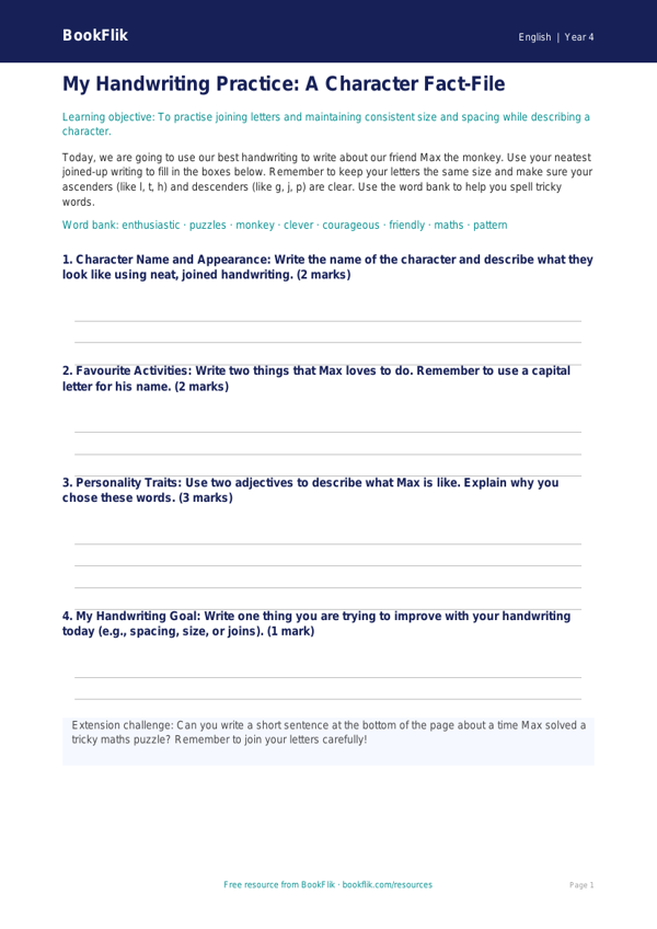 Free Handwriting Template | Year 4 Supported | BookFlik worksheet preview — English Handwriting