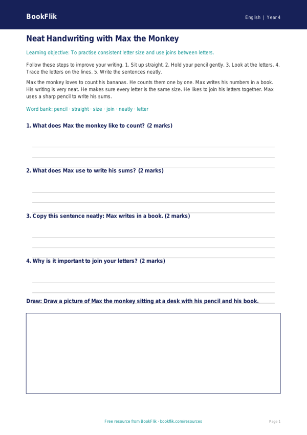 Free Handwriting Practice Worksheet | Year 4 Supported | BookFlik worksheet preview — English Handwriting