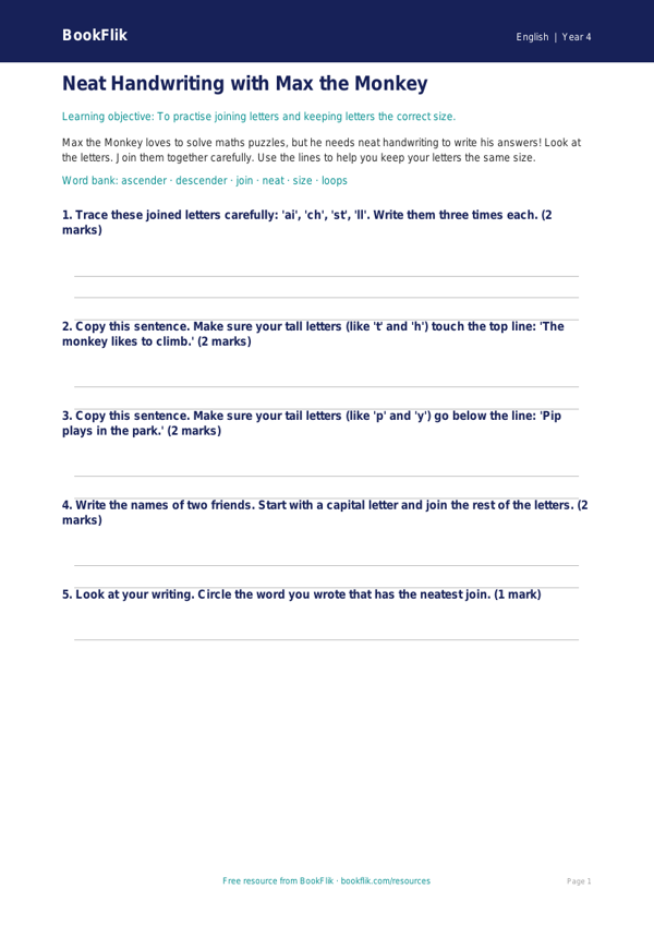 Free Handwriting Worksheet | Year 4 Supported | BookFlik worksheet preview — English Handwriting