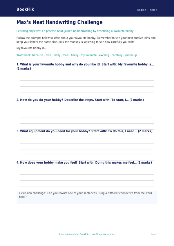 Free Handwriting Writing Frame | Year 4 Supported | BookFlik worksheet preview — English Handwriting