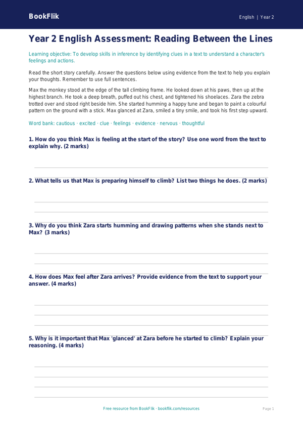 Free Inference Assessment | Year 2 Core | BookFlik worksheet preview — English Inference
