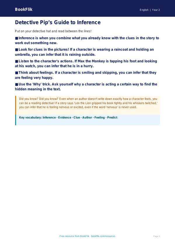 Free Inference Poster | Year 2 Core | BookFlik worksheet preview — English Inference