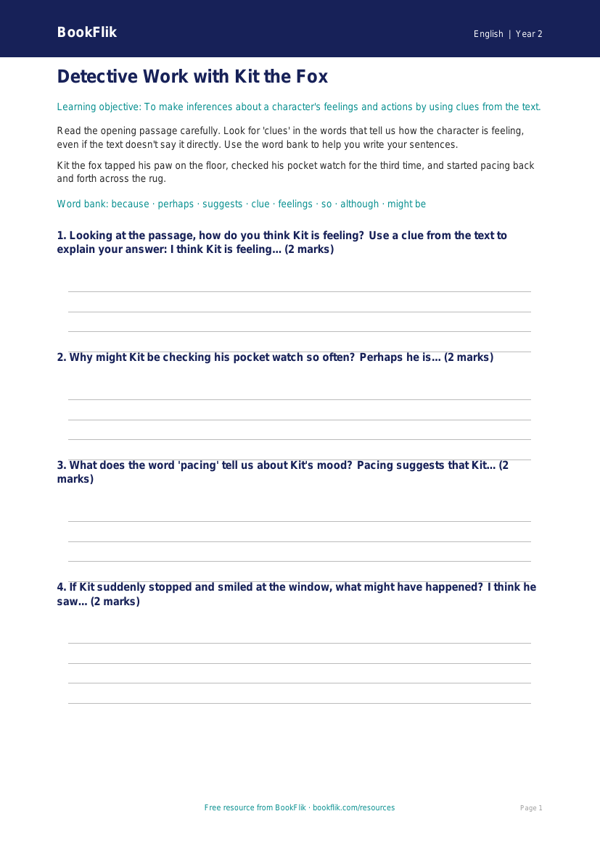 Free Inference Writing Frame | Year 2 Core | BookFlik worksheet preview — English Inference
