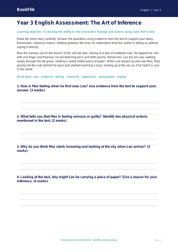 Free Inference Assessment | Year 3 Core | BookFlik worksheet preview — English Inference