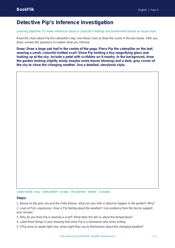 Free Inference Drawing Sheet | Year 3 Core | BookFlik worksheet preview — English Inference