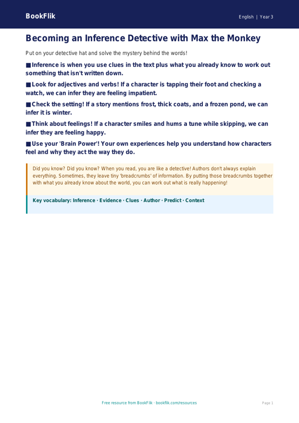 Free Inference Poster | Year 3 Core | BookFlik worksheet preview — English Inference