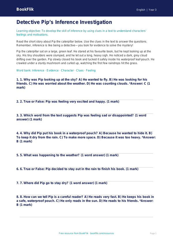 Free Inference Quiz | Year 3 Core | BookFlik worksheet preview — English Inference