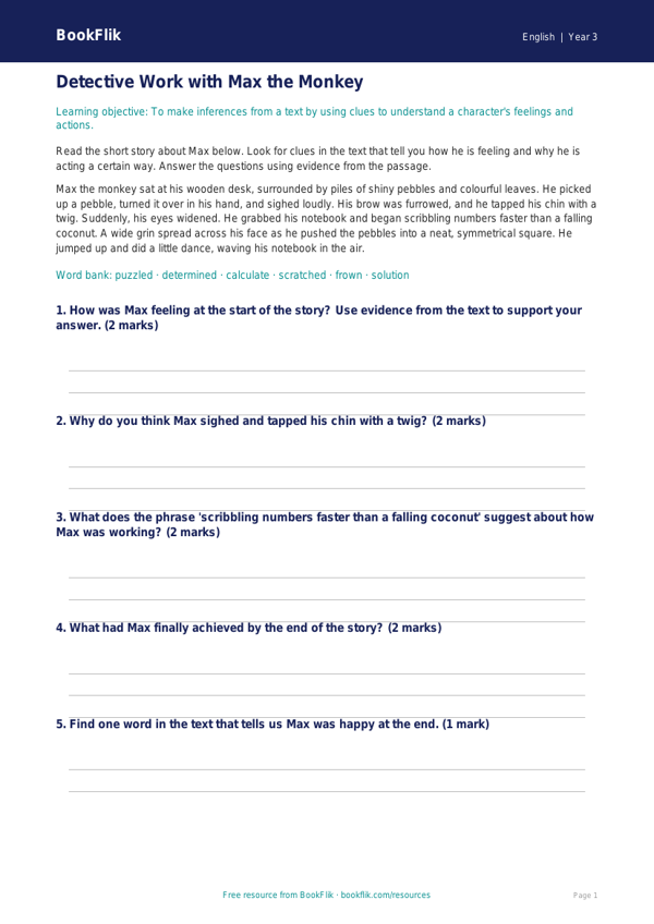 Free Inference Track Sheet | Year 3 Core | BookFlik worksheet preview — English Inference