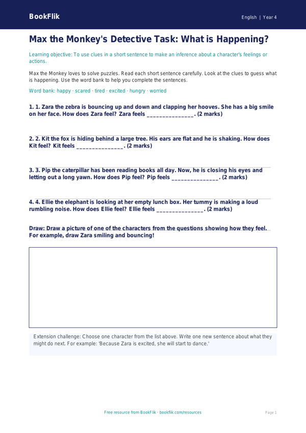 Free Inference Activity Sheet | Year 4 Supported | BookFlik worksheet preview — English Inference