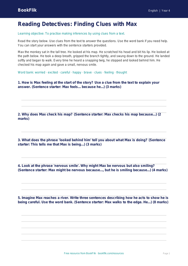 Free Inference Assessment | Year 4 Supported | BookFlik worksheet preview — English Inference