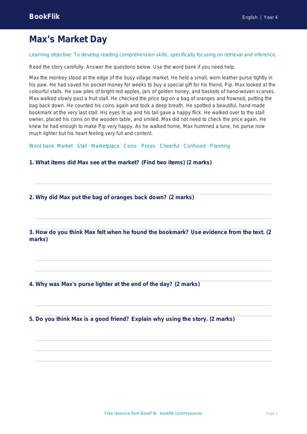Free Inference Comprehension | Year 4 Supported | BookFlik worksheet preview — English Inference