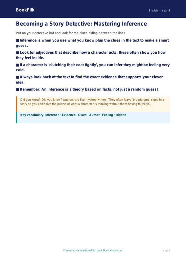 Free Inference Poster | Year 4 Supported | BookFlik worksheet preview — English Inference