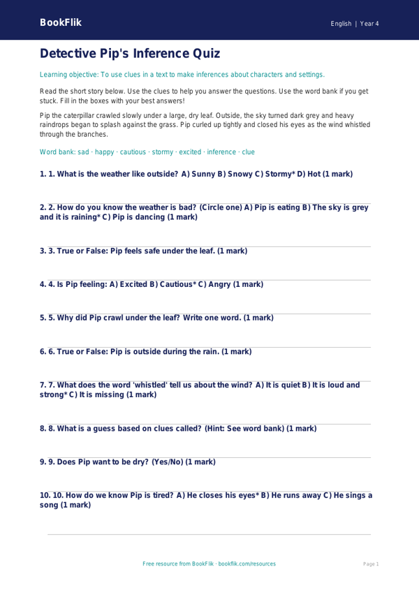 Free Inference Quiz | Year 4 Supported | BookFlik worksheet preview — English Inference