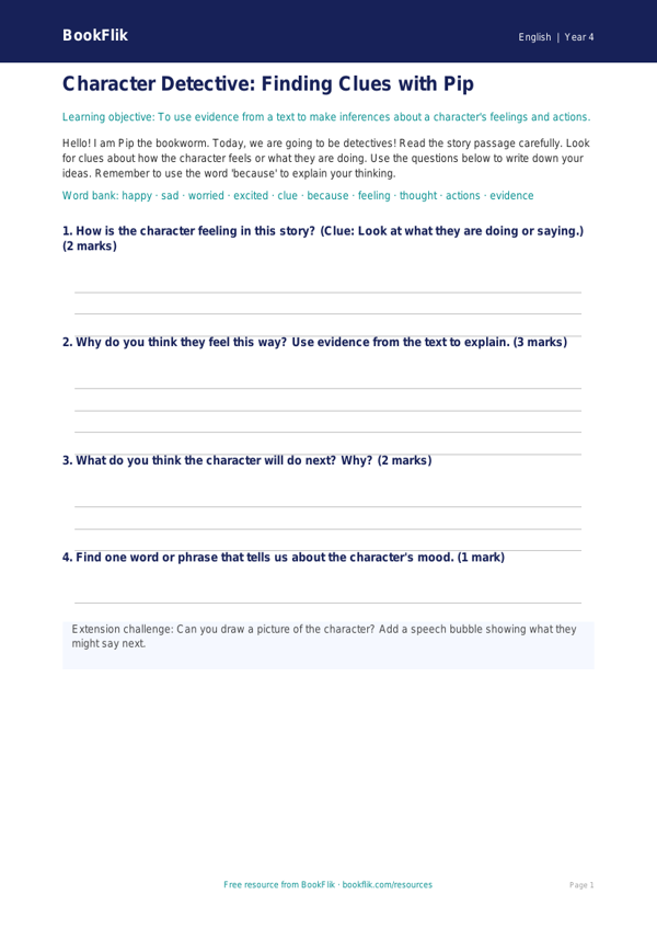 Free Inference Template | Year 4 Supported | BookFlik worksheet preview — English Inference