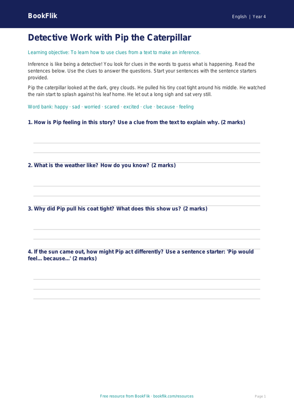 Free Inference Worksheet | Year 4 Supported | BookFlik worksheet preview — English Inference