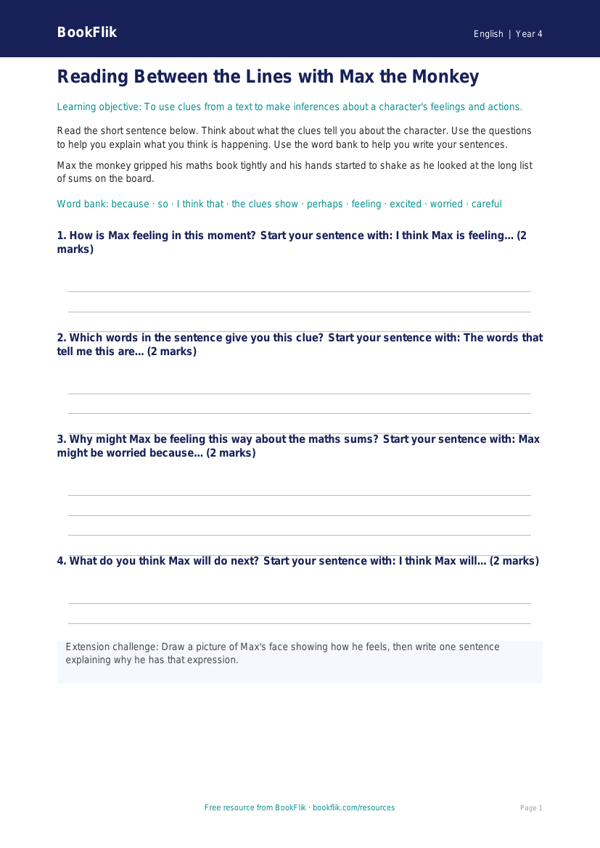 Free Inference Writing Frame | Year 4 Supported | BookFlik worksheet preview — English Inference