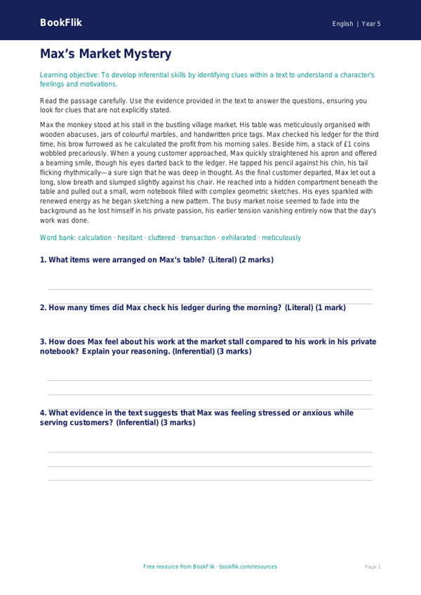 Free Inference Comprehension | Year 5 Greater Depth | BookFlik worksheet preview — English Inference