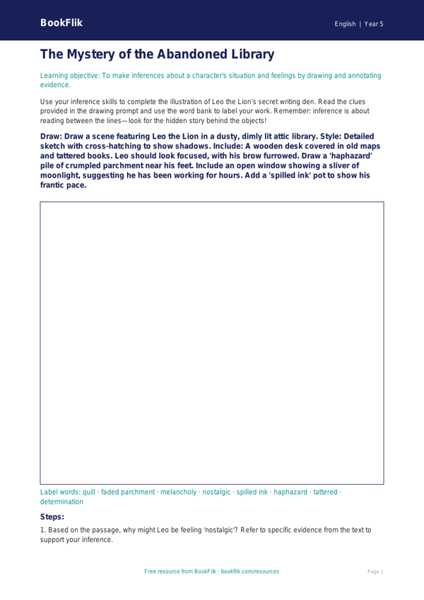 Free Inference Drawing Sheet | Year 5 Greater Depth | BookFlik worksheet preview — English Inference
