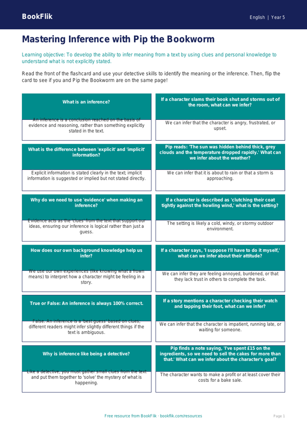 Free Inference Flashcards | Year 5 Core | BookFlik worksheet preview — English Inference