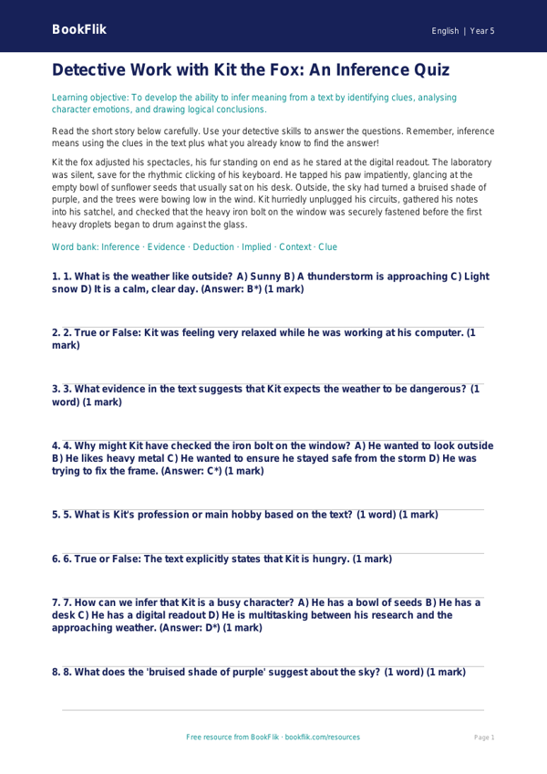 Free Inference Quiz | Year 5 Greater Depth | BookFlik worksheet preview — English Inference