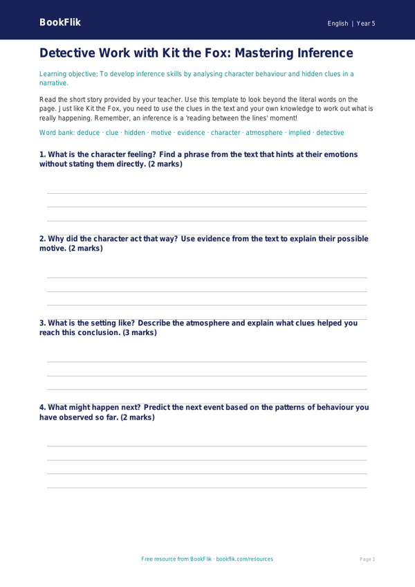 Free Inference Template | Year 5 Core | BookFlik worksheet preview — English Inference