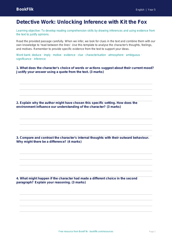 Free Inference Template | Year 5 Greater Depth | BookFlik worksheet preview — English Inference