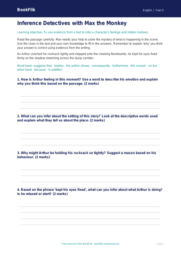 Free Inference Writing Frame | Year 5 Core | BookFlik worksheet preview — English Inference