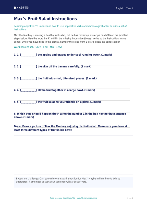 Free Instructions Activity Sheet | Year 1 Core | BookFlik worksheet preview — English Instructions