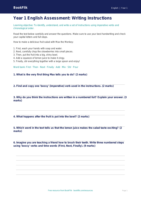 Free Instructions Assessment | Year 1 Core | BookFlik worksheet preview — English Instructions