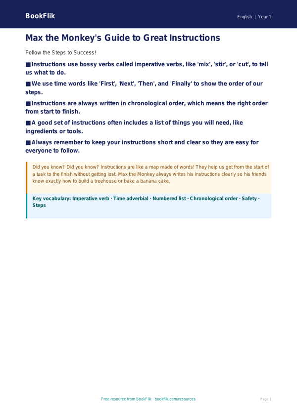 Free Instructions Poster | Year 1 Core | BookFlik worksheet preview — English Instructions