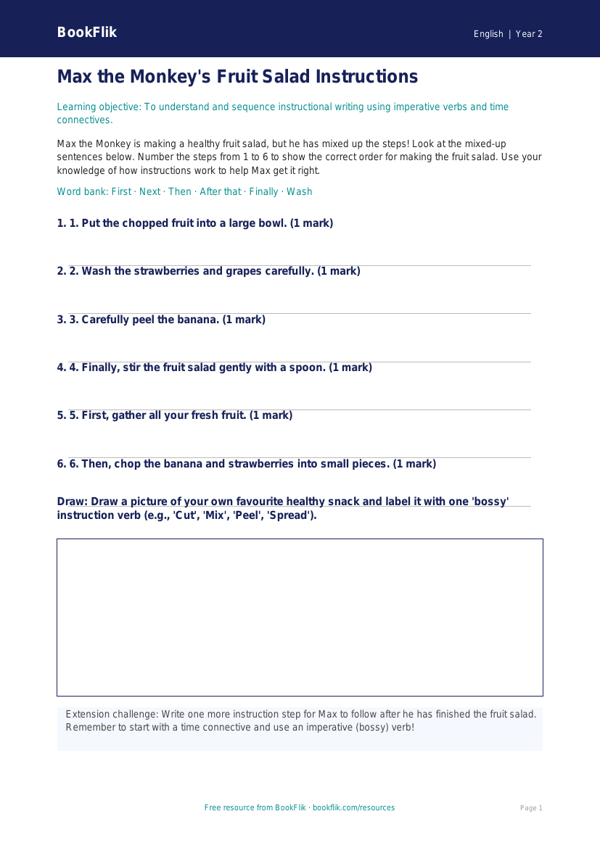 Free Instructions Activity Sheet | Year 2 Core | BookFlik worksheet preview — English Instructions