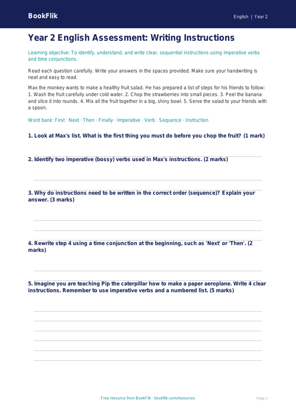Free Instructions Assessment | Year 2 Core | BookFlik worksheet preview — English Instructions