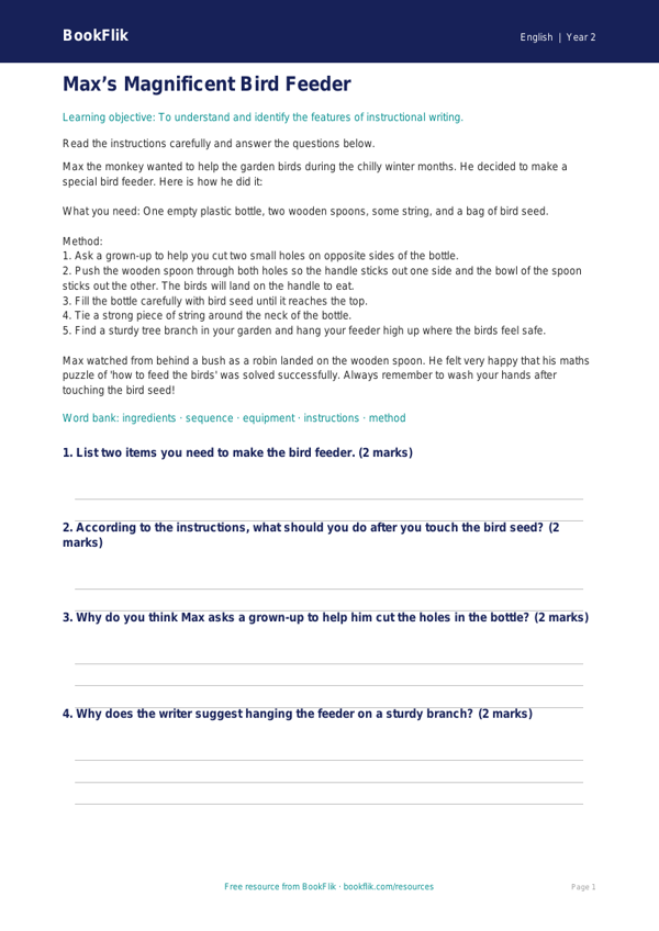Free Instructions Comprehension | Year 2 Core | BookFlik worksheet preview — English Instructions