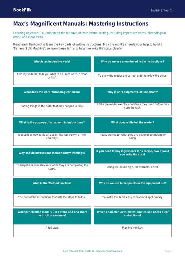 Free Instructions Flashcards | Year 2 Core | BookFlik worksheet preview — English Instructions