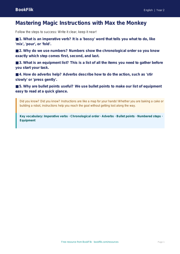 Free Instructions Poster | Year 2 Core | BookFlik worksheet preview — English Instructions