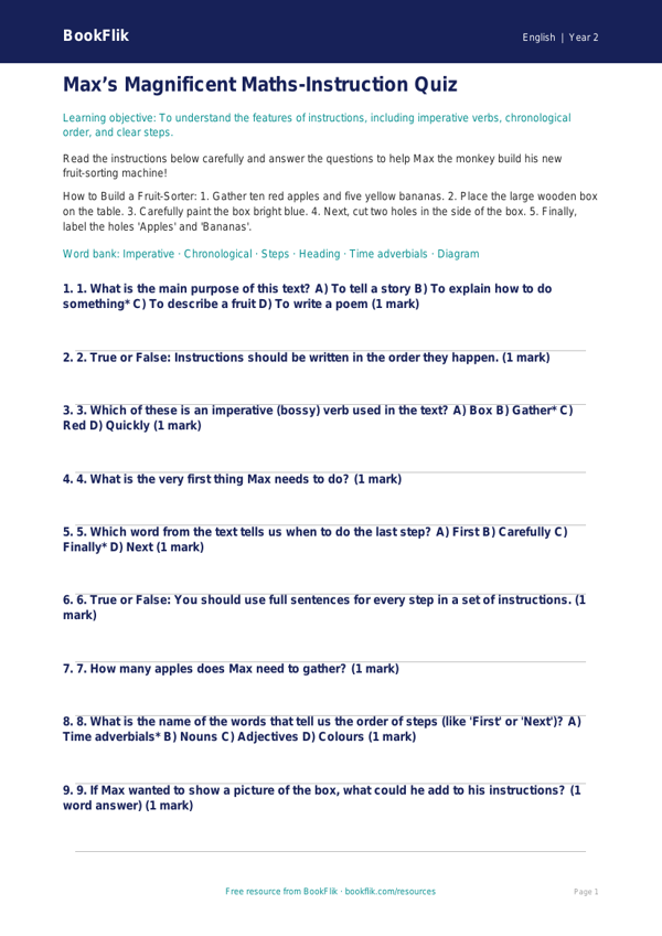 Free Instructions Quiz | Year 2 Core | BookFlik worksheet preview — English Instructions