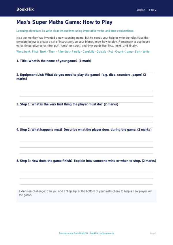 Free Instructions Template | Year 2 Core | BookFlik worksheet preview — English Instructions