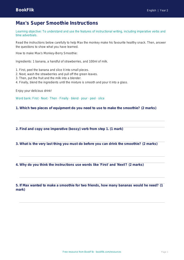 Free Instructions Track Sheet | Year 2 Core | BookFlik worksheet preview — English Instructions