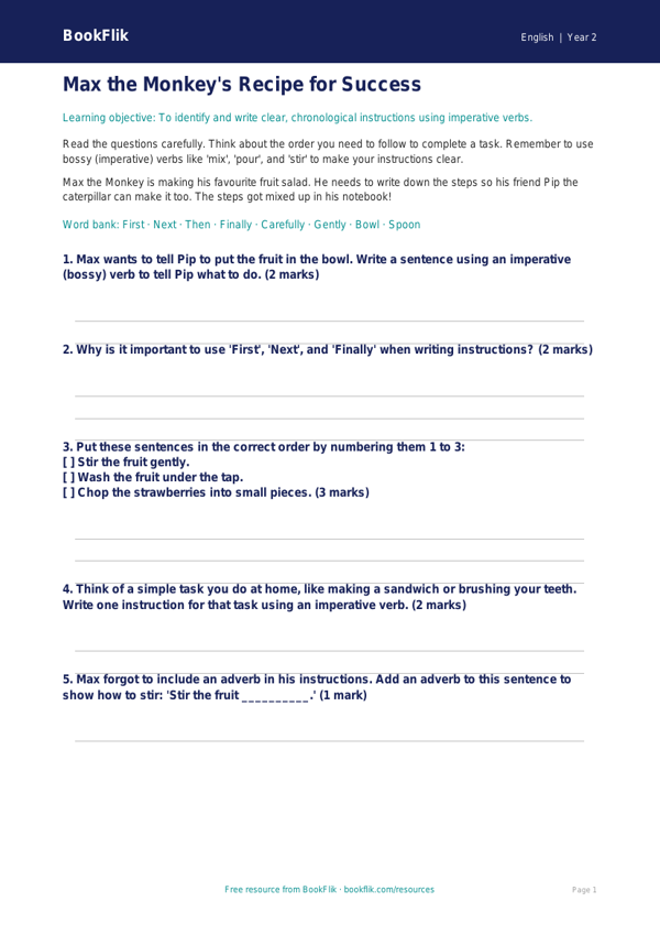 Free Instructions Worksheet | Year 2 Core | BookFlik worksheet preview — English Instructions