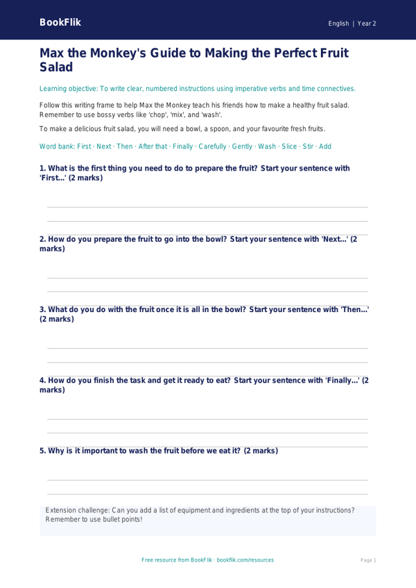 Free Instructions Writing Frame | Year 2 Core | BookFlik worksheet preview — English Instructions